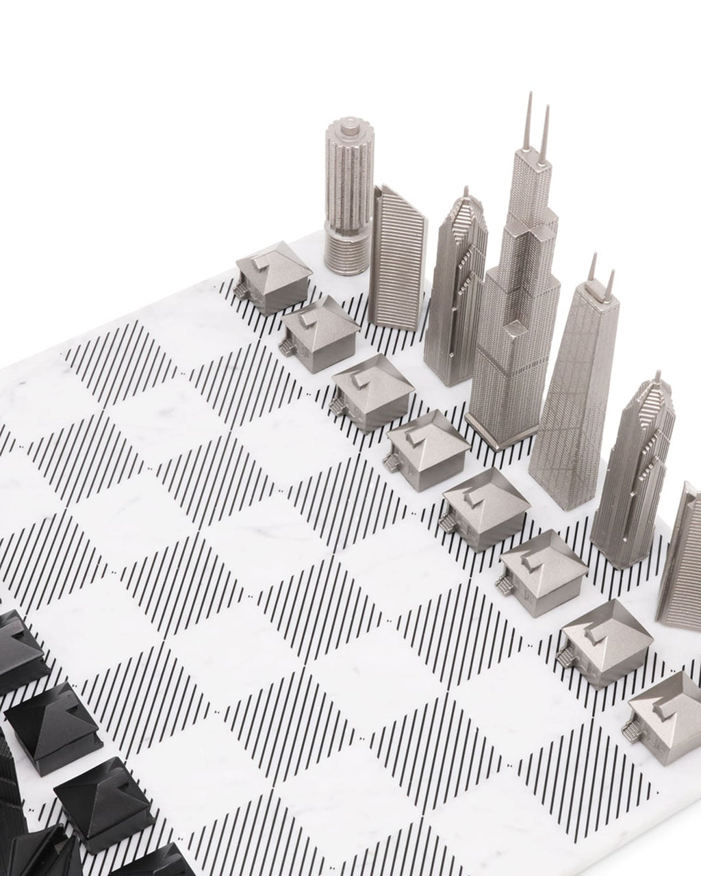 Skyline Chess Chess Set Stainless Steel CHICAGO Edition with Marble Hatch Board | Playroom Avenue