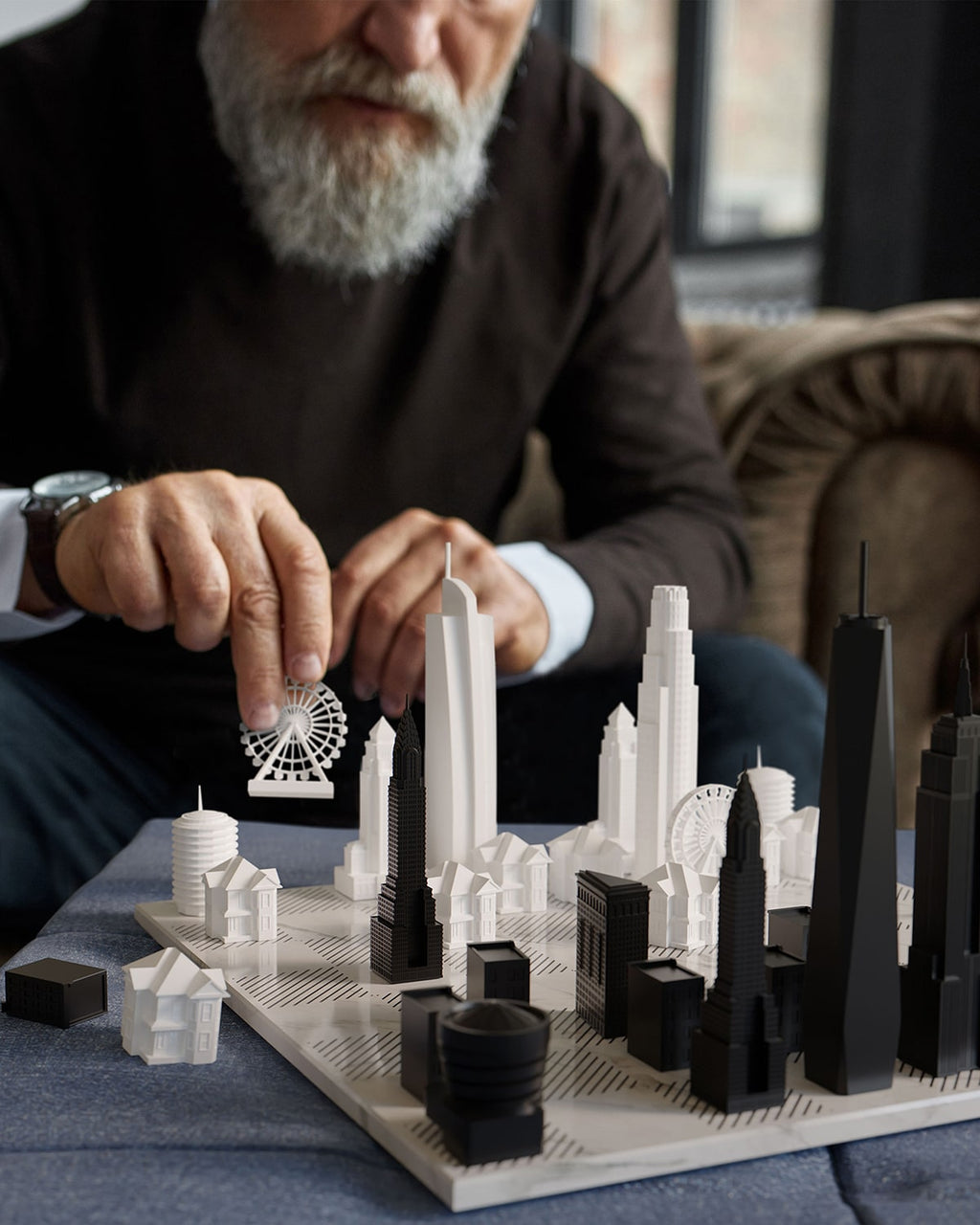 Skyline Chess Chess Set Acrylic NEW YORK vs LOS ANGELES Edition with Marble Hatch Board | Playroom Avenue
