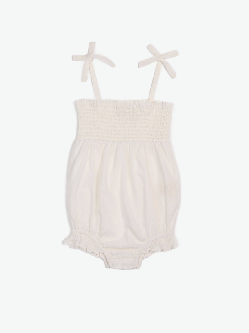 La Petit Lapin Gabrielle | Swiss Dot Embroidered Romper | Antique Ivory | Playroom Avenue