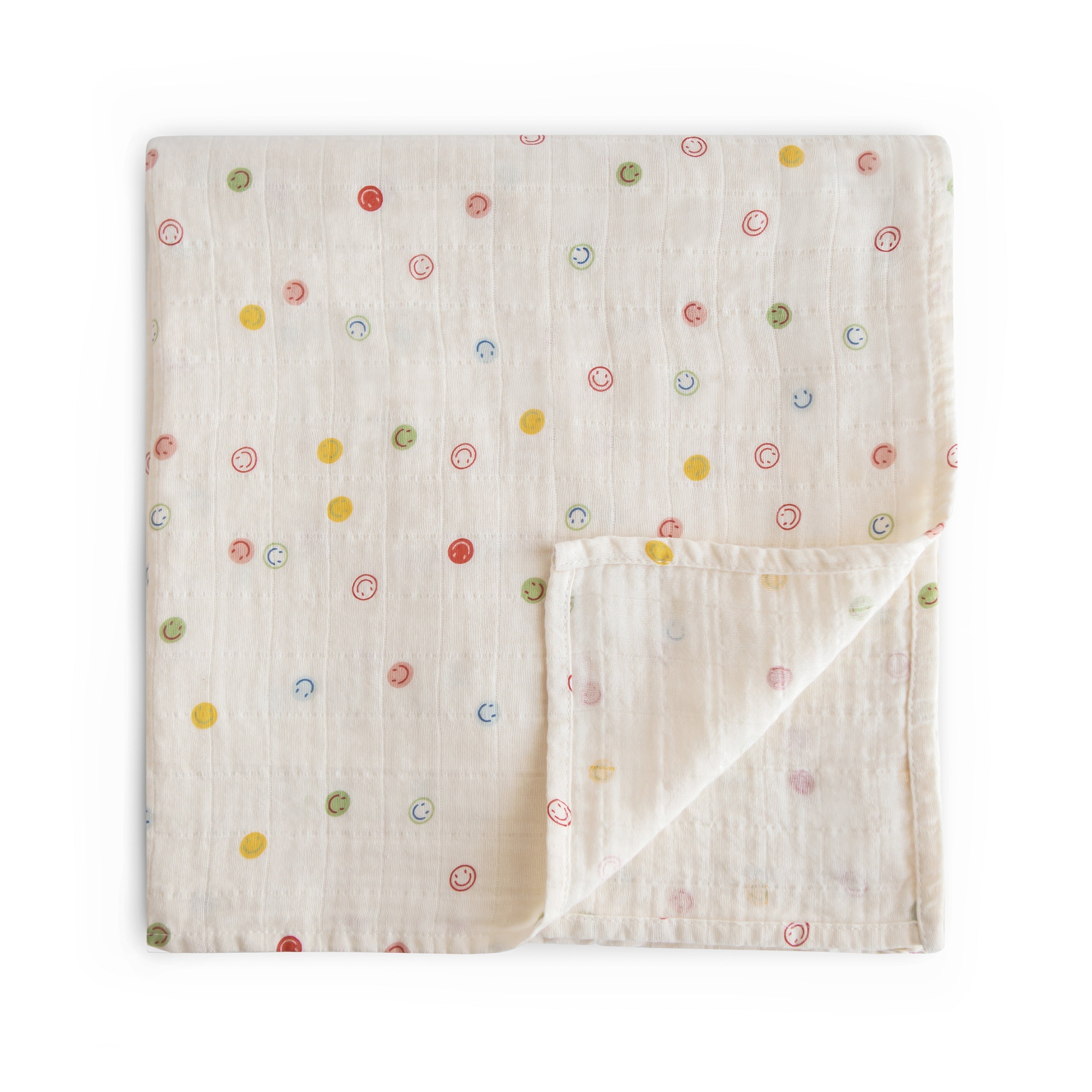 Mushie Organic Cotton Muslin Swaddle Blanket Smiley Face | Playroom Avenue