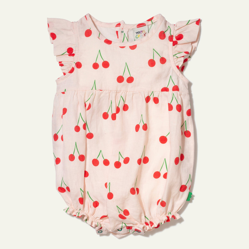 Mon Coeur Linen Cherry Ruffle Baby Romper | Playroom Avenue