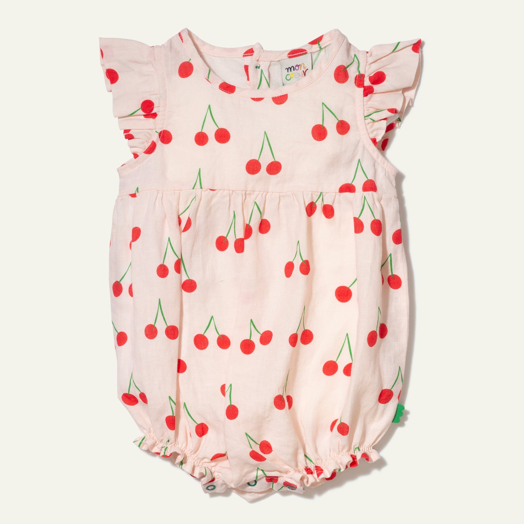 Mon Coeur Linen Cherry Ruffle Baby Romper | Playroom Avenue