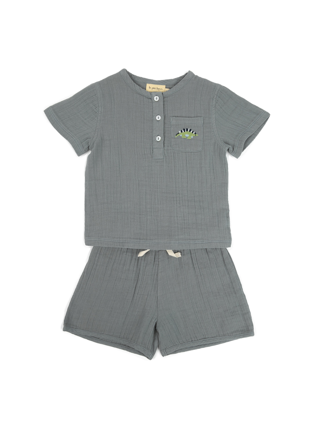 La Petit Lapin Cayden | Organic Muslin Petit Dino Set | Fog | Playroom Avenue