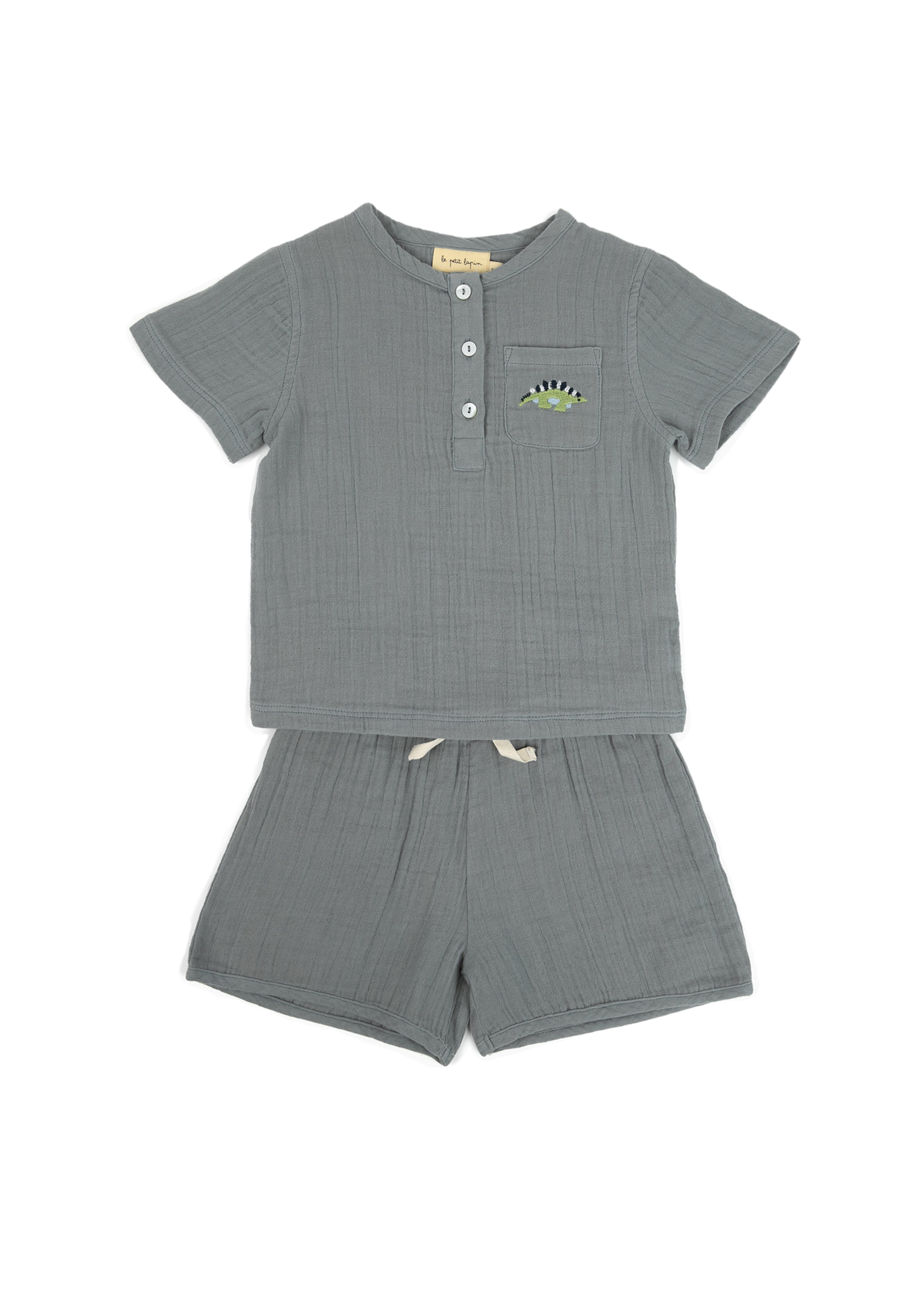 La Petit Lapin Cayden | Organic Muslin Petit Dino Set | Fog | Playroom Avenue