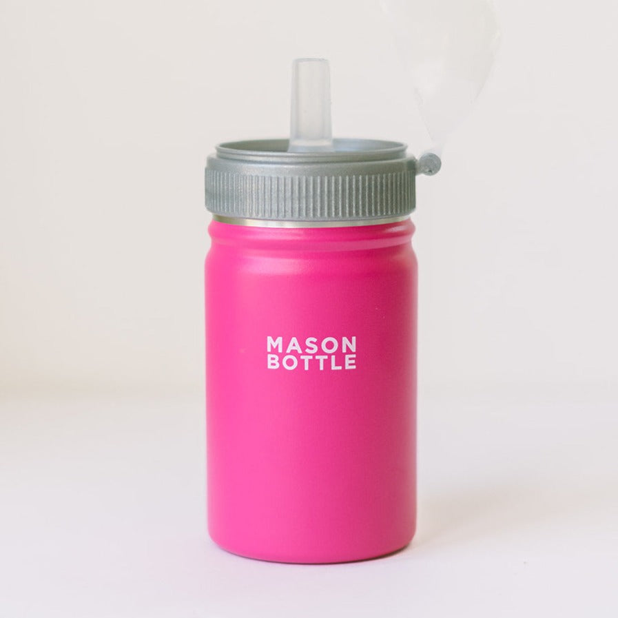 Mason Bottle Stainless Steel Straw Cup, 16oz Dahlia Pink | Playroom Avenue