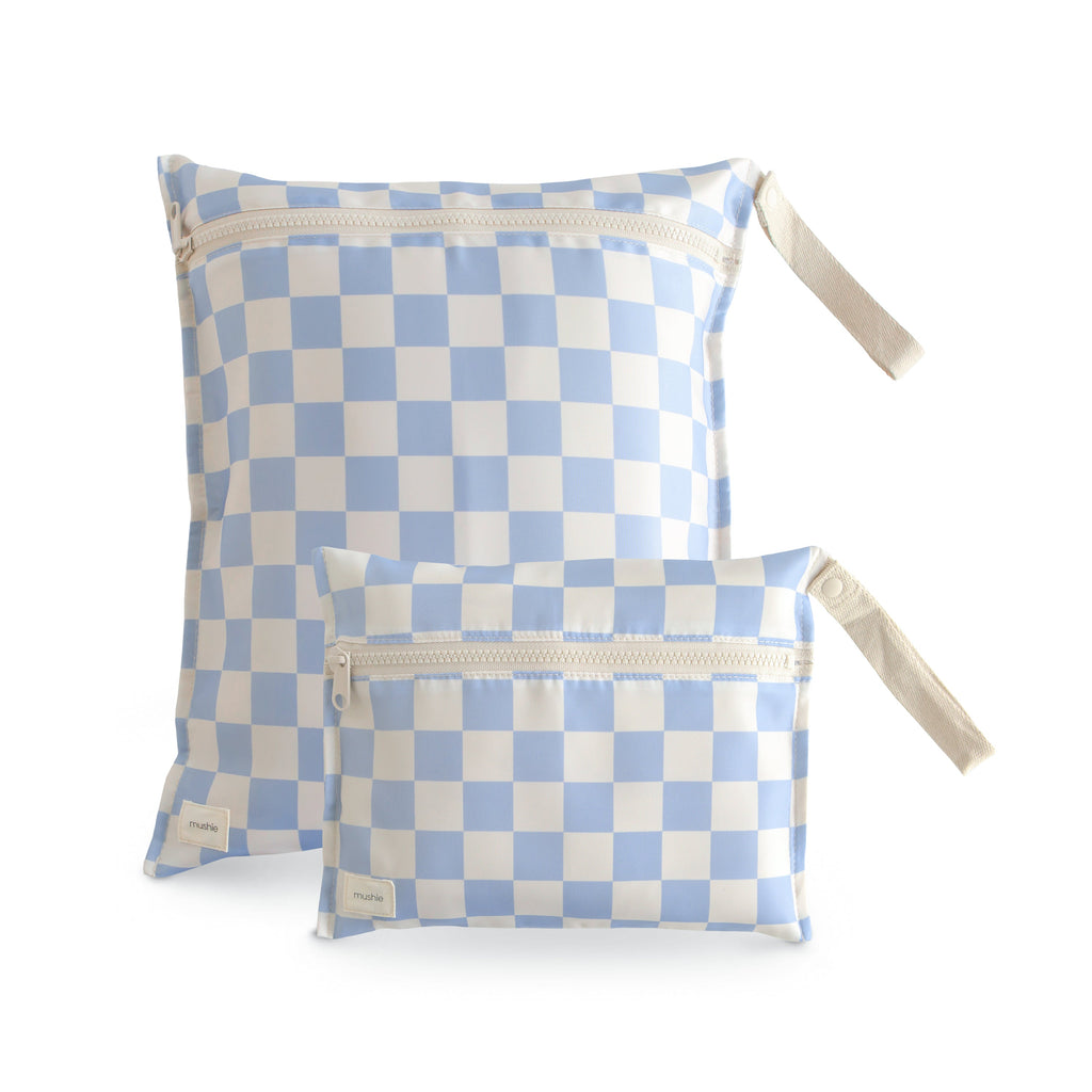 Mushie Water Resistant Wet Bag Blue Check | Playroom Avenue