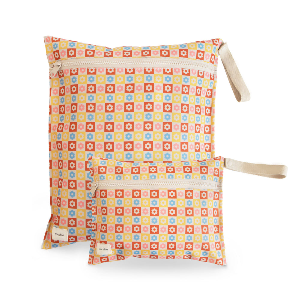Mushie Water Resistant Wet Bag Happy Flowers Check | Playroom Avenue