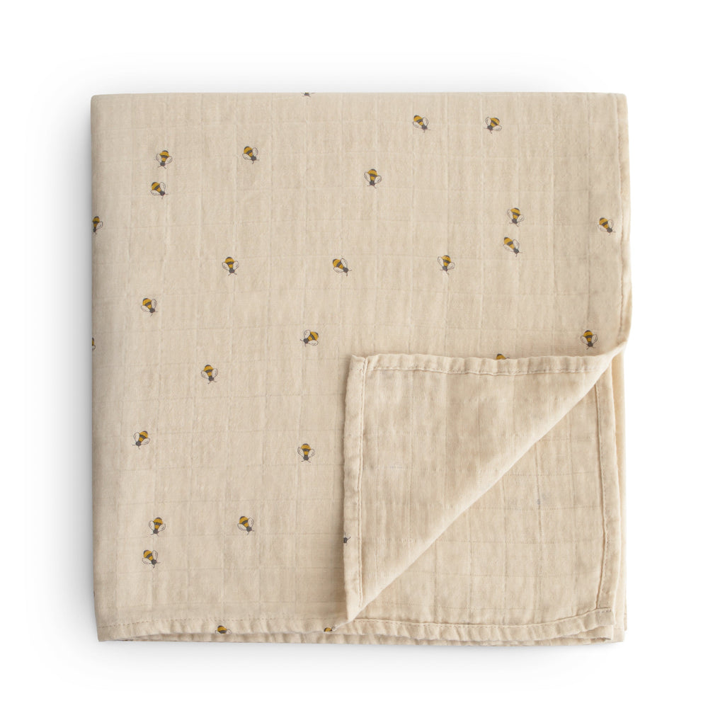 Mushie Organic Cotton Muslin Swaddle Blanket Bees | Playroom Avenue