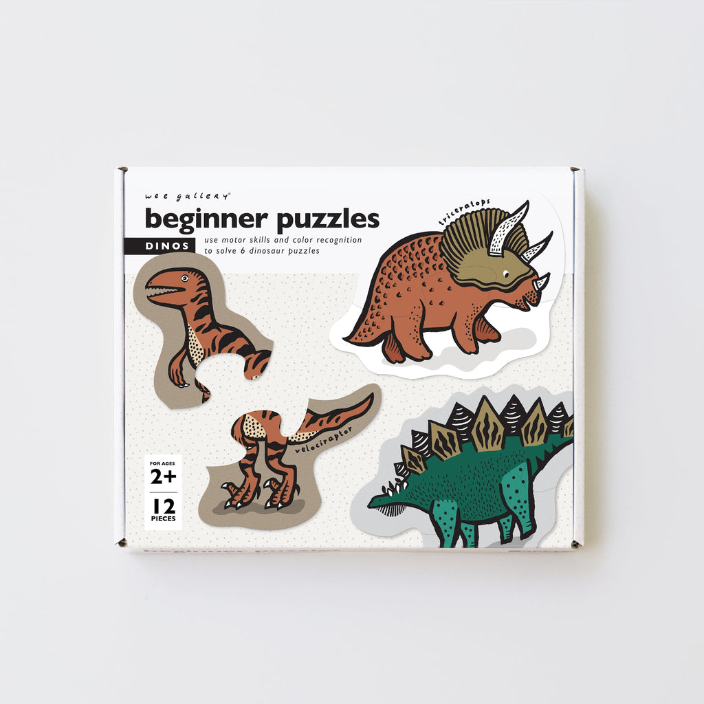 Box of dinosaur-themed beginner puzzles on a white background