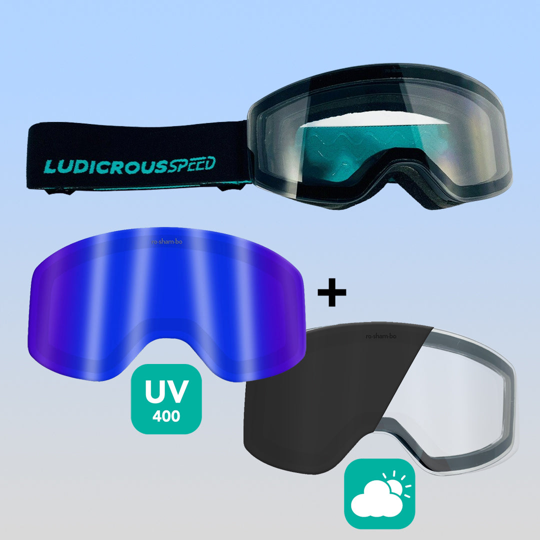 ro•sham•bo eyewear Ludicrous Speed Snow Goggles Set | Youth Black Frame Transitioning Clear-to-Dark Grey Lens Mirrored Blue | Playroom Avenue