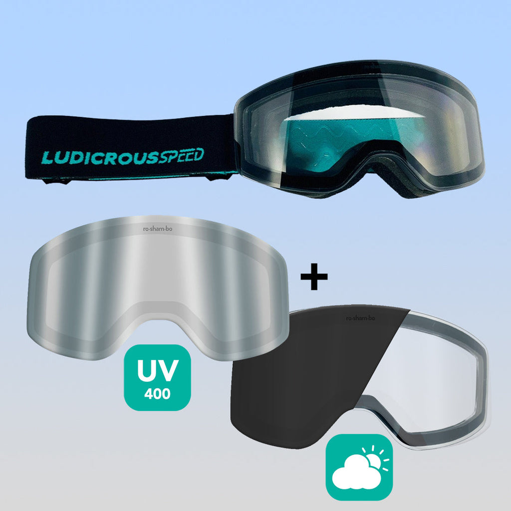 ro•sham•bo eyewear Ludicrous Speed Snow Goggles Set | Youth Black Frame Transitioning Clear-to-Dark Grey Lens Mirrored Chrome | Playroom Avenue