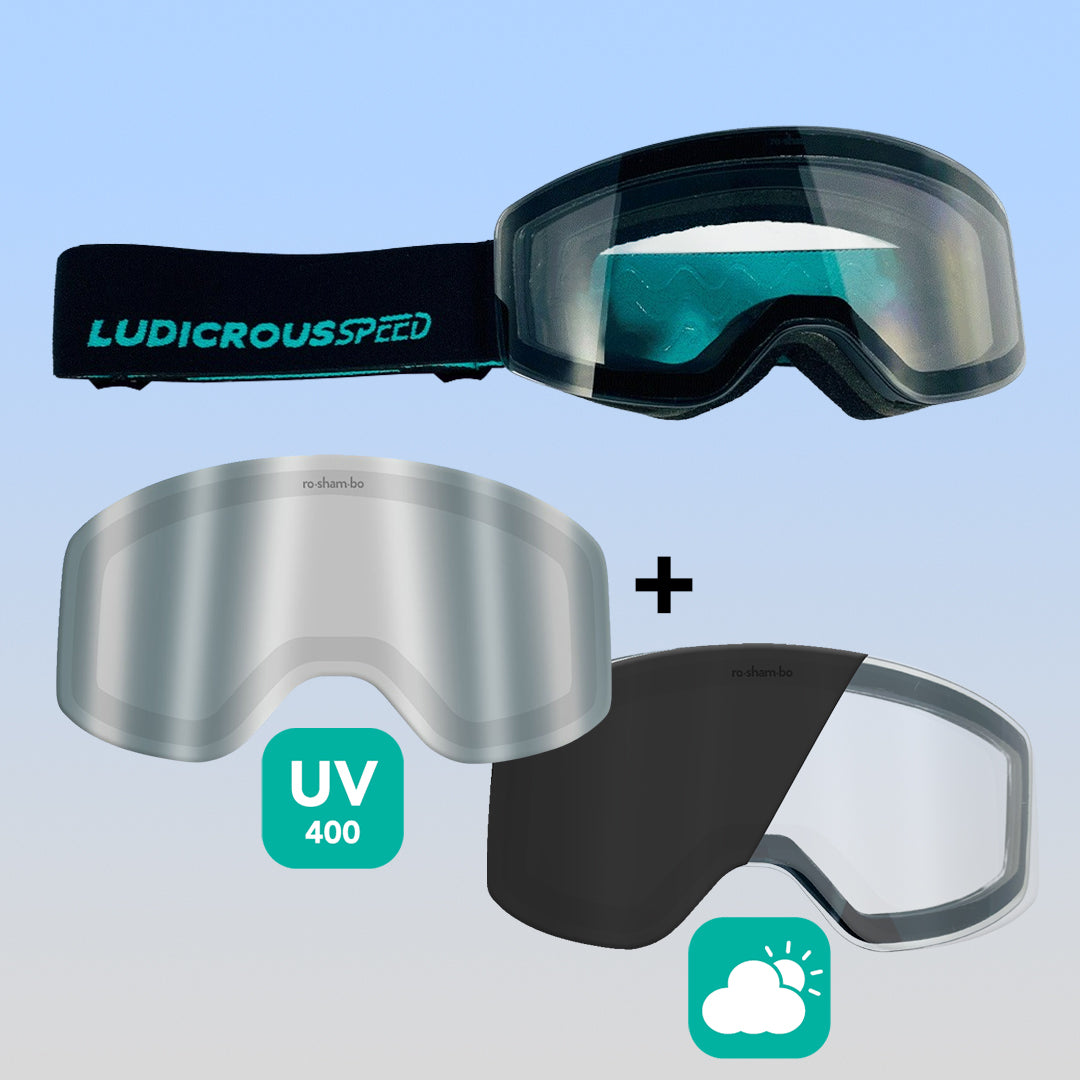 ro•sham•bo eyewear Ludicrous Speed Snow Goggles Set | Youth Black Frame Transitioning Clear-to-Dark Grey Lens Mirrored Chrome | Playroom Avenue