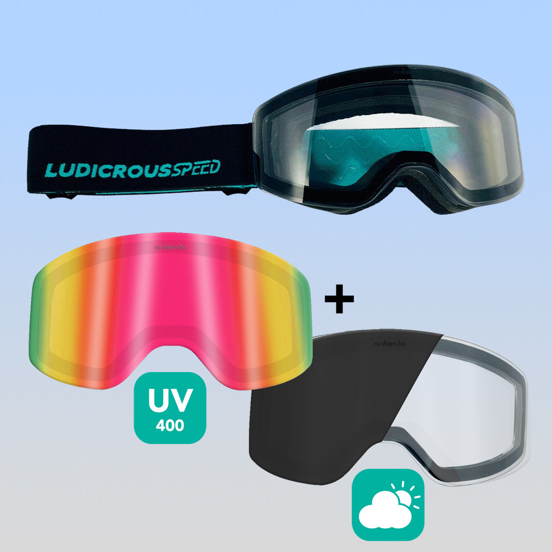 ro•sham•bo eyewear Ludicrous Speed Snow Goggles Set | Youth Black Frame Transitioning Clear-to-Dark Grey Lens Mirrored Pink Rainbow | Playroom Avenue
