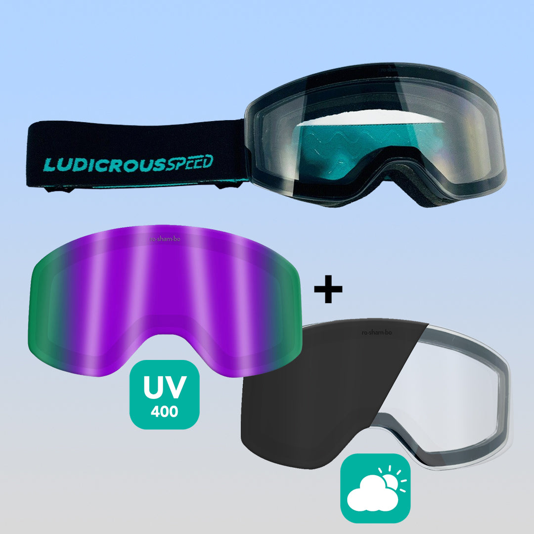 ro•sham•bo eyewear Ludicrous Speed Snow Goggles Set | Youth Black Frame Transitioning Clear-to-Dark Grey Lens Mirrored Purple | Playroom Avenue
