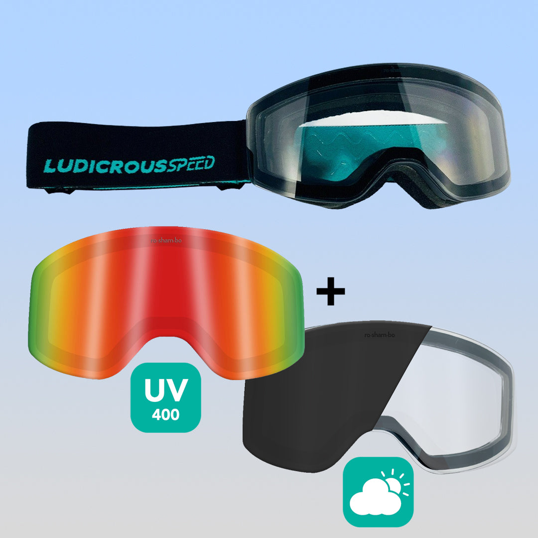 ro•sham•bo eyewear Ludicrous Speed Snow Goggles Set | Youth Black Frame Transitioning Clear-to-Dark Grey Lens Mirrored Red Rainbow | Playroom Avenue