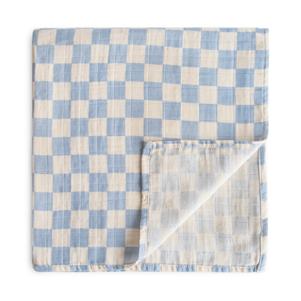 Mushie Organic Cotton Muslin Swaddle Blanket Blue Check | Playroom Avenue