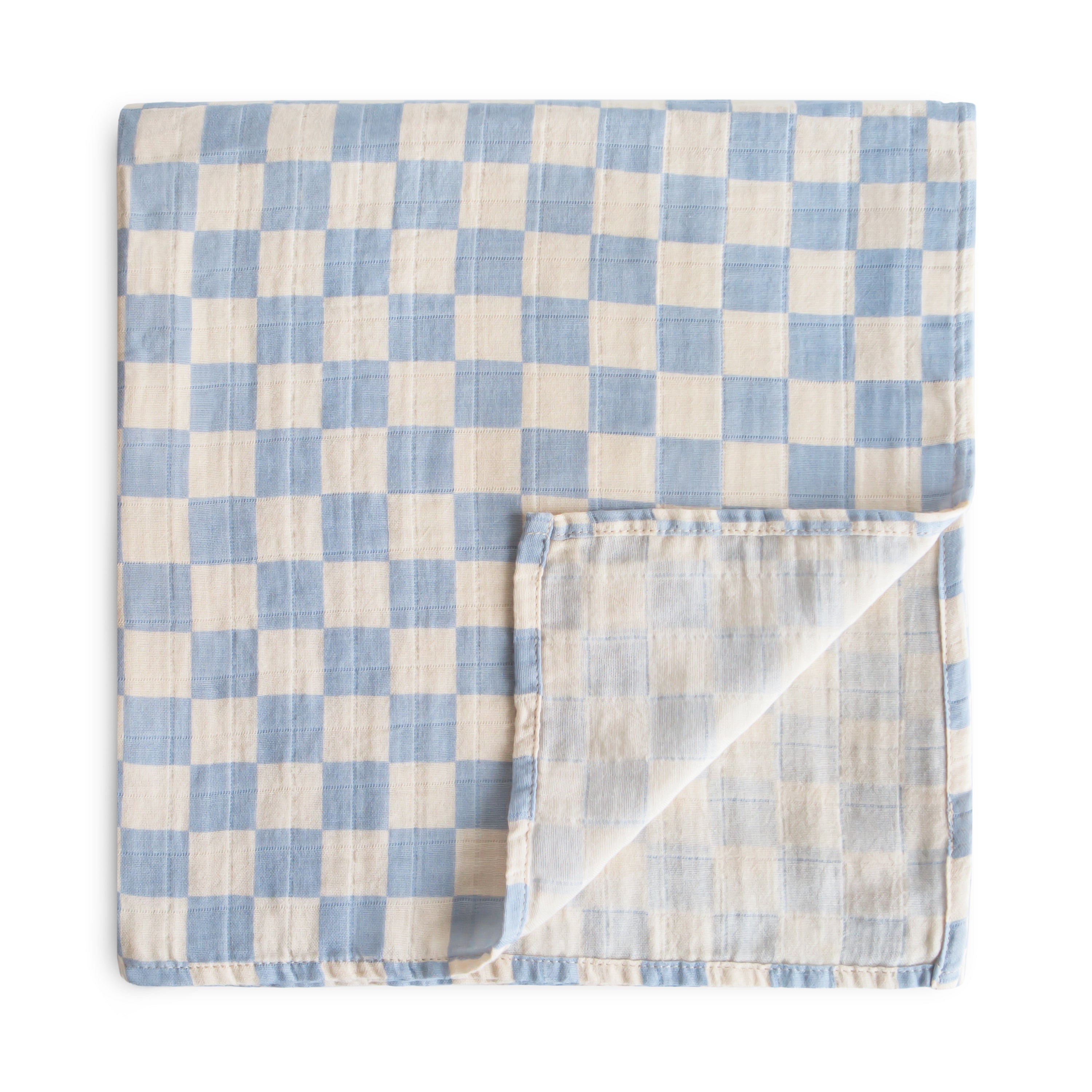 Mushie Organic Cotton Muslin Swaddle Blanket Blue Check | Playroom Avenue