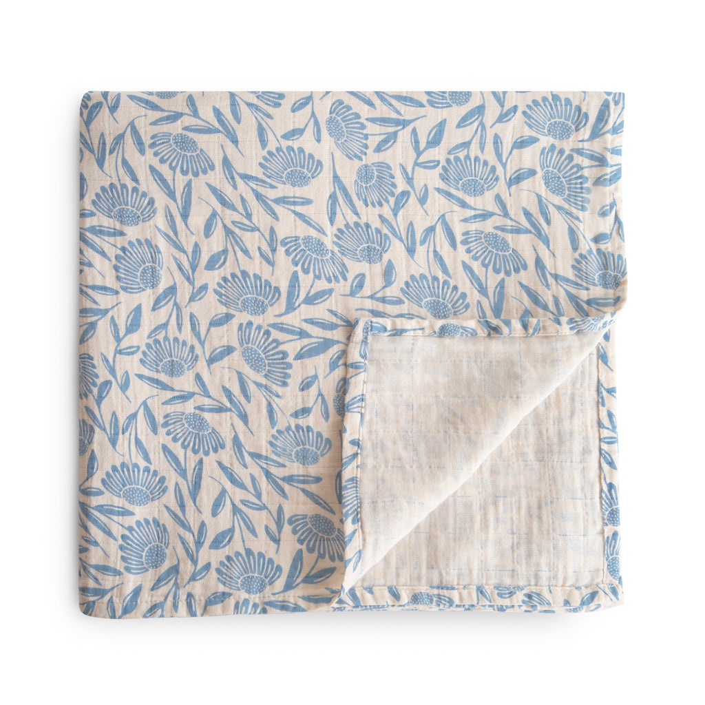Mushie Organic Cotton Muslin Swaddle Blanket Blue Flowers | Playroom Avenue