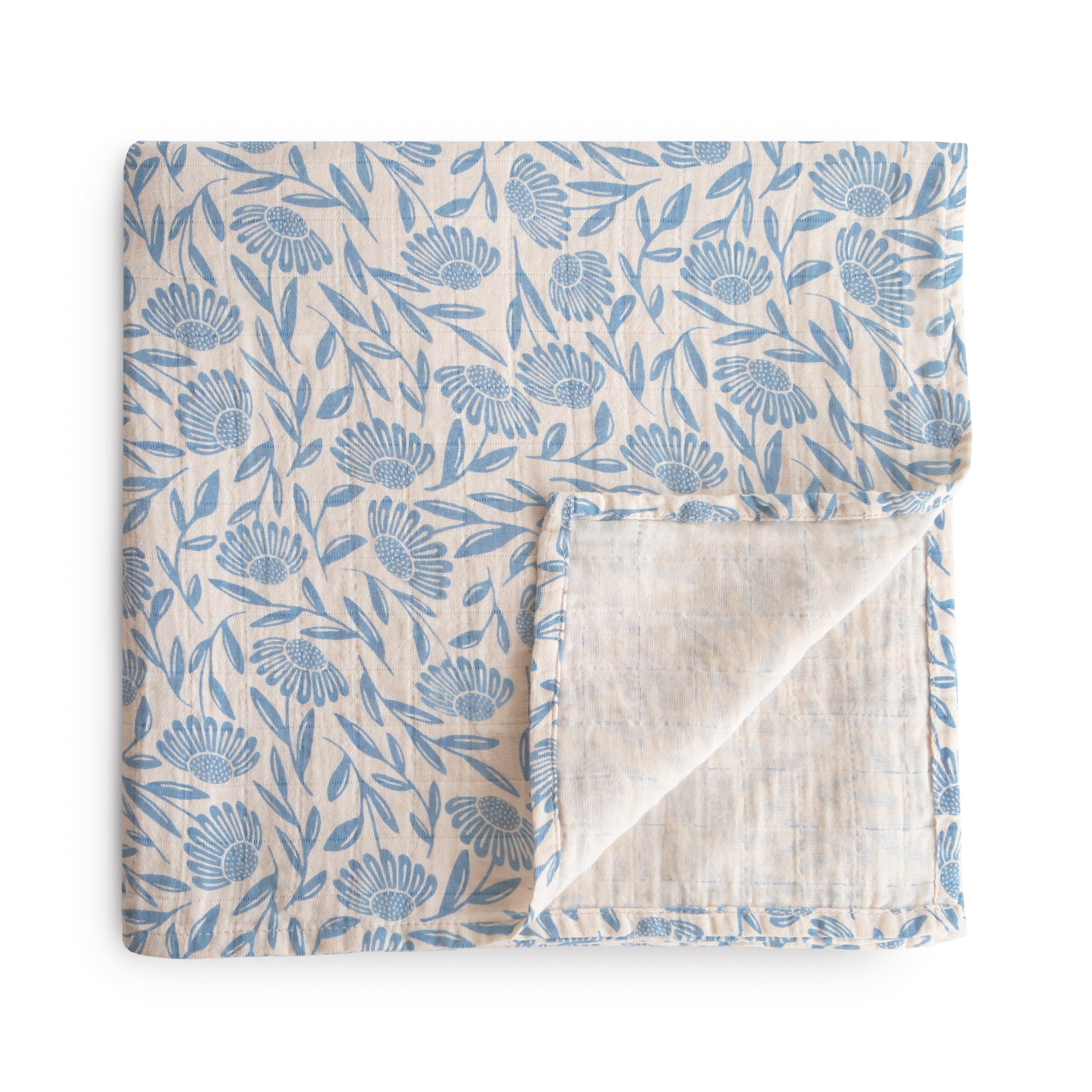 Mushie Organic Cotton Muslin Swaddle Blanket Blue Flowers | Playroom Avenue