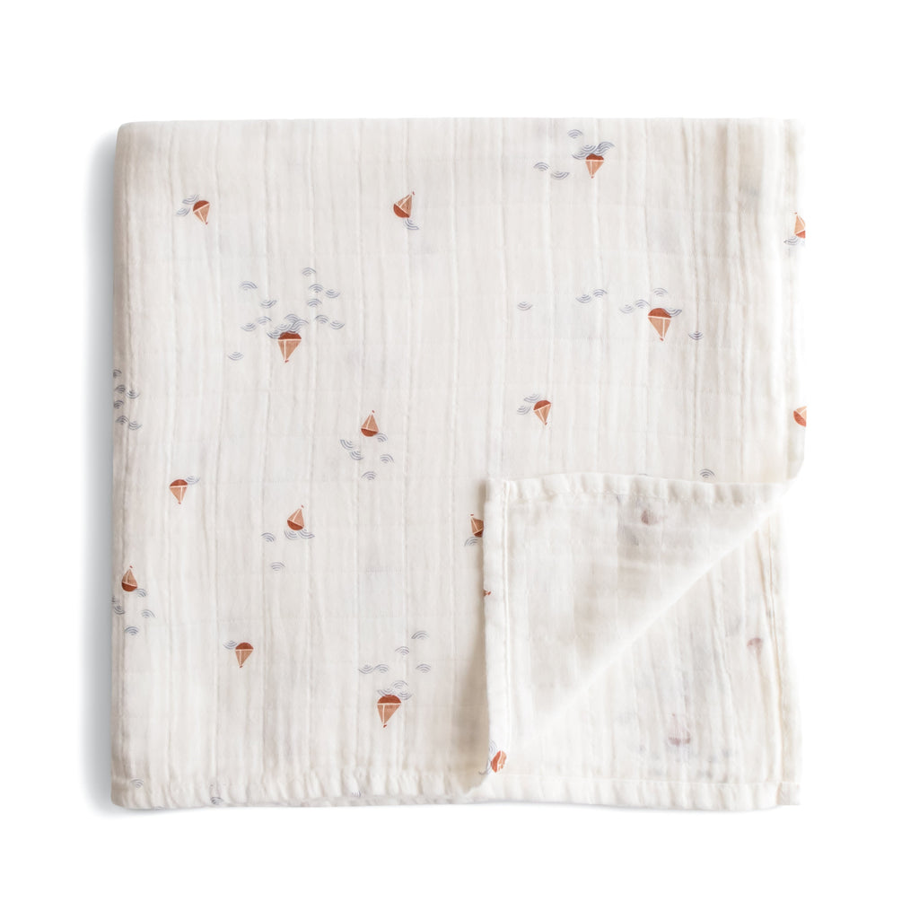 Mushie Organic Cotton Muslin Swaddle Blanket Boats | Playroom Avenue
