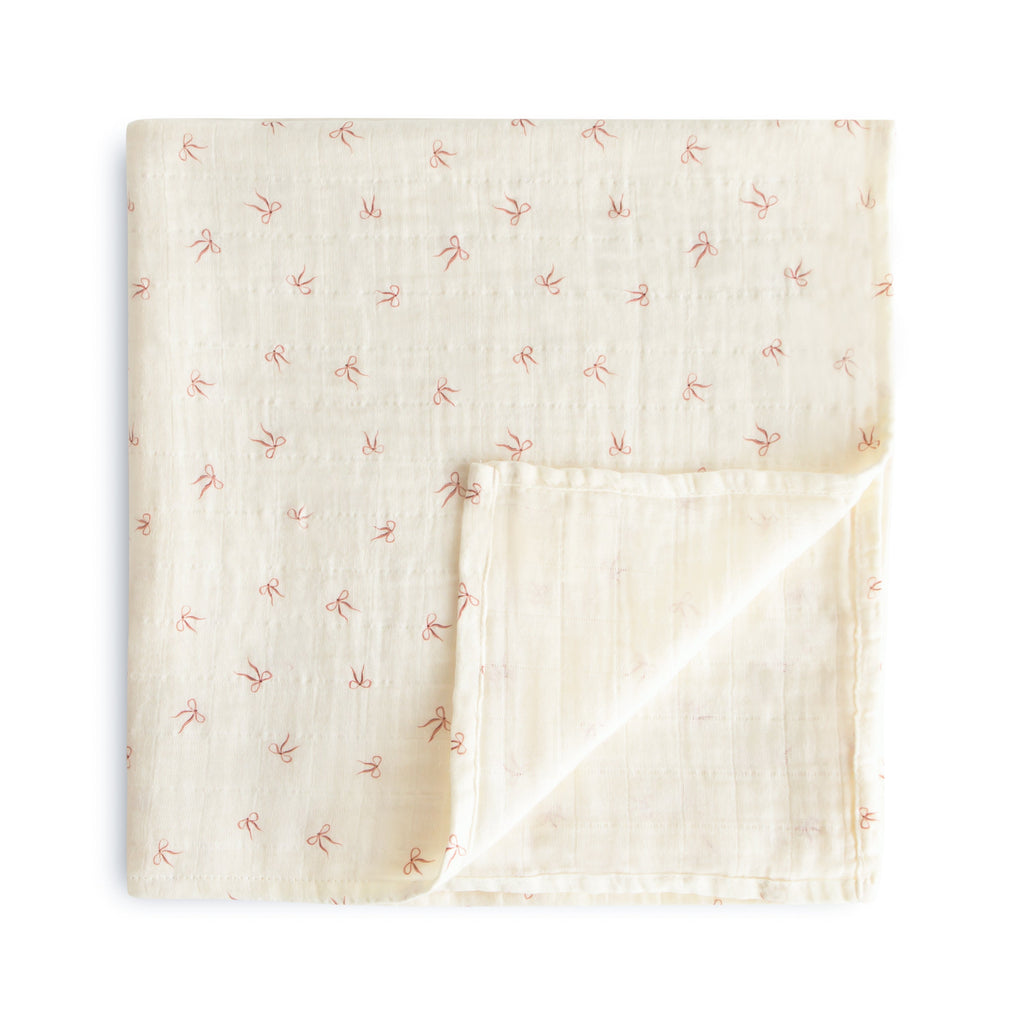 Mushie Organic Cotton Muslin Swaddle Blanket Bows | Playroom Avenue
