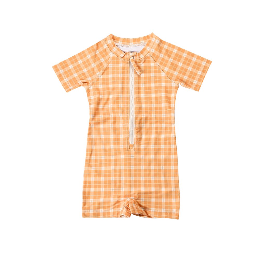GRECH & CO. Short Sleeve Rashguard Swimsuit | UPF + Recycled - Buckwheat Plaid | Playroom Avenue