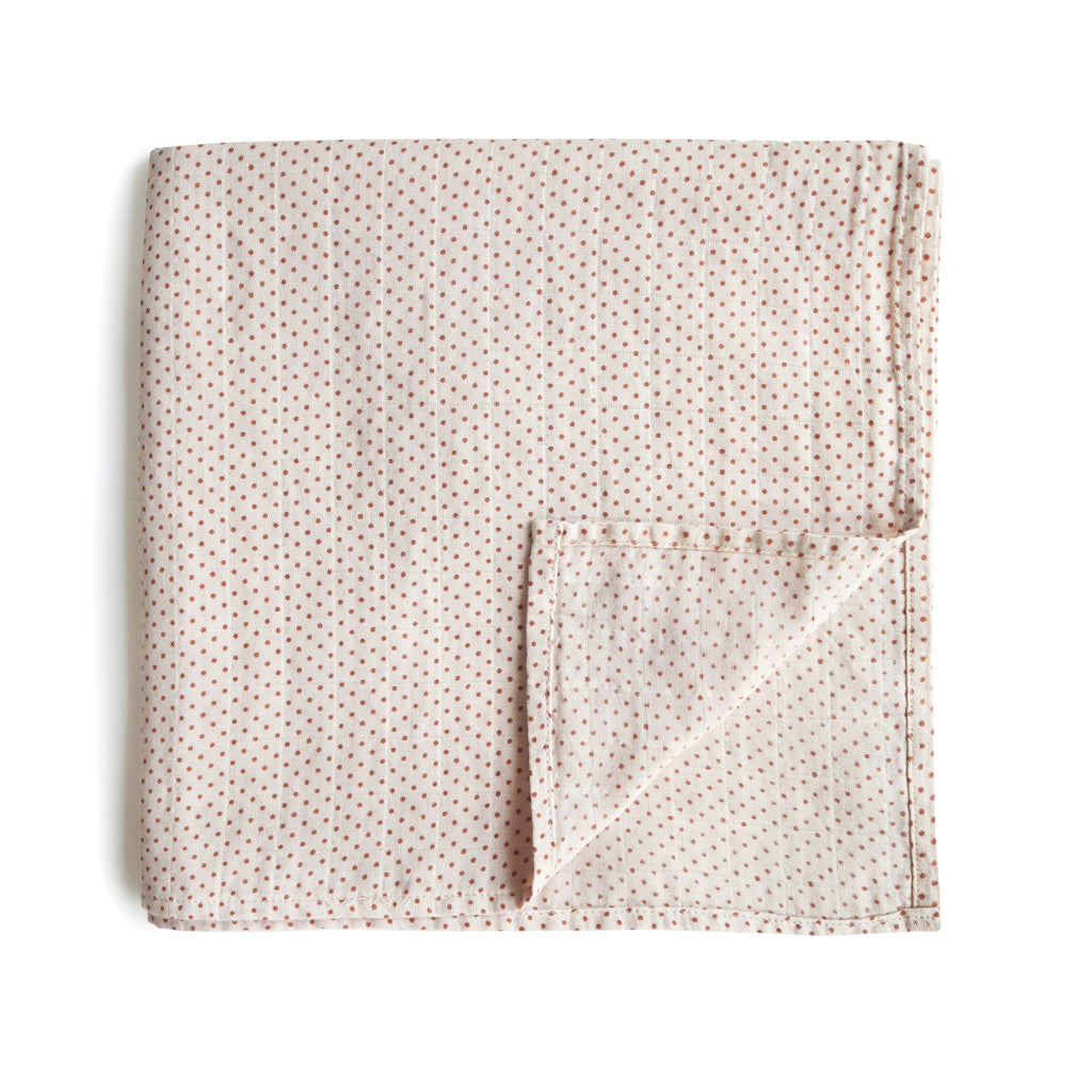 Mushie Organic Cotton Muslin Swaddle Blanket Caramel Polka Dot | Playroom Avenue
