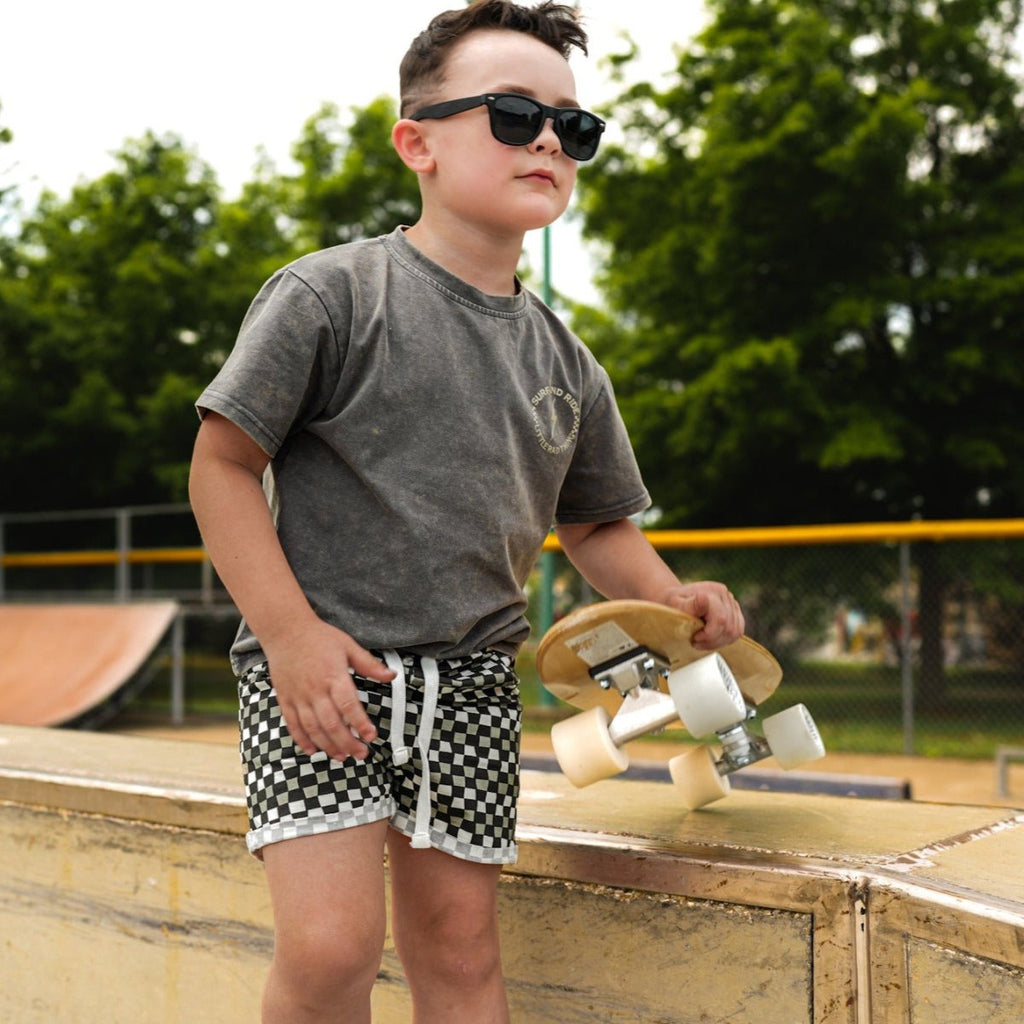 LITTLE RAD THINGS CHECK 'YA LATER SHORTS - BLACK/GREY | Playroom Avenue