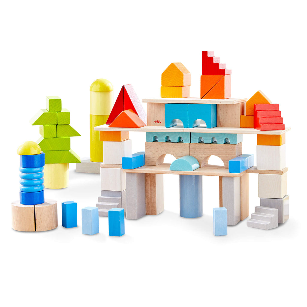 Award winning HABA Colored Wooden Building Blocks 85 Piece Set - Large Block Collection | HABA USA