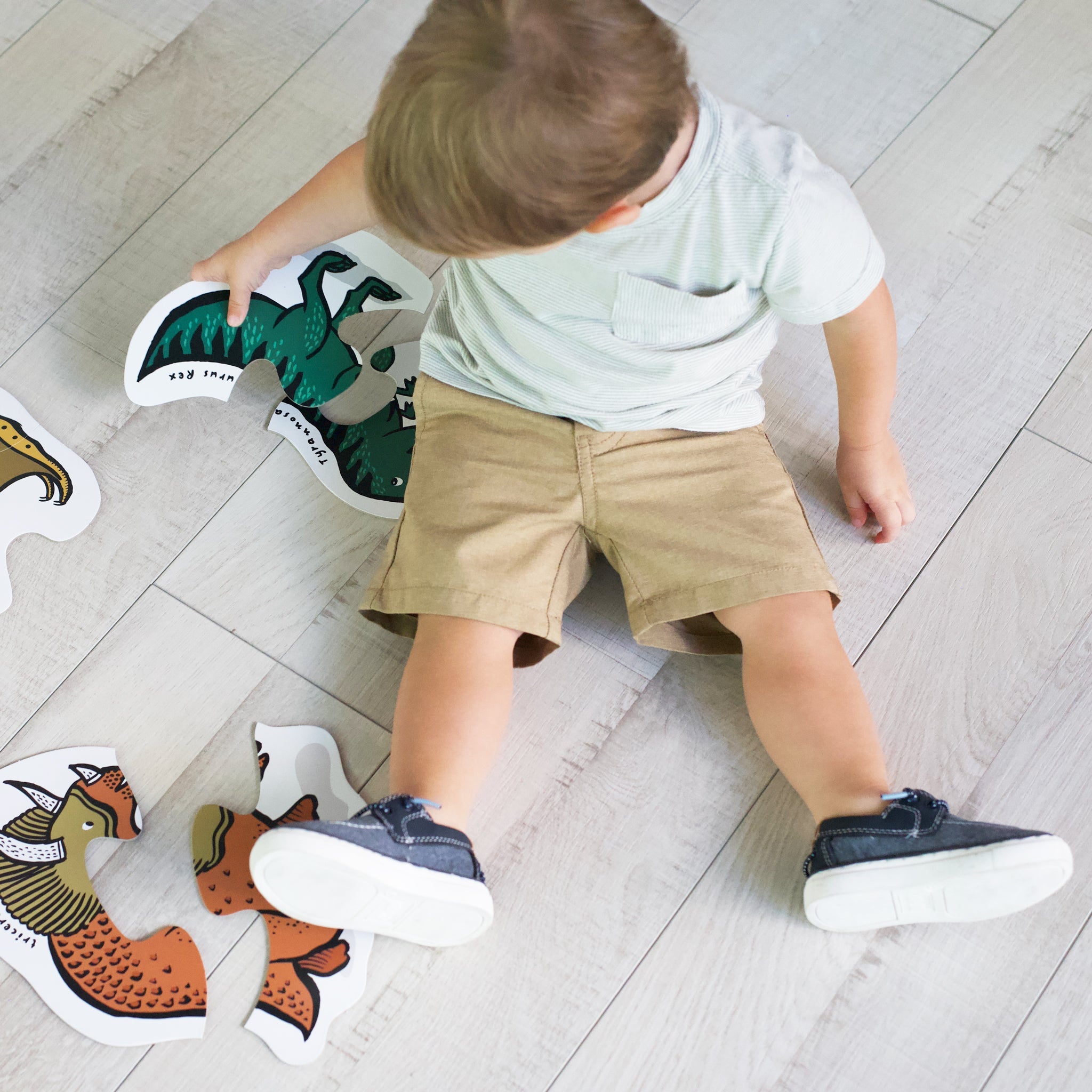 Child playing with dinosaur-shaped toys on a light wooden floor