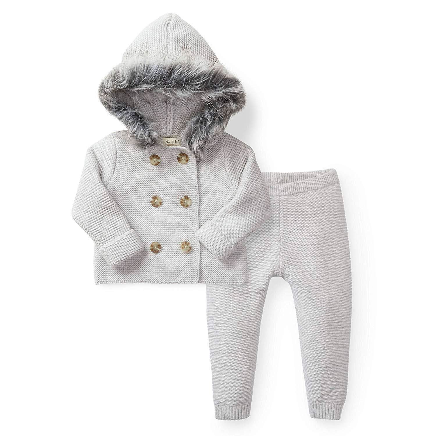 Hope & Henry Faux Fur Hooded Sweater Set Light Gray Heather | Playroom Avenue