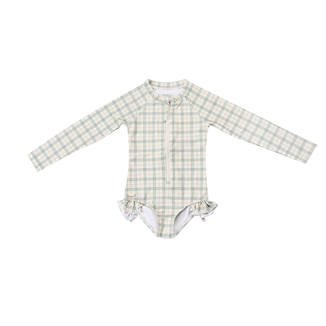 GRECH & CO. Long Sleeve Rashguard Ruffle Swimsuit | UPF + Recycled - Fern Plaid | Playroom Avenue