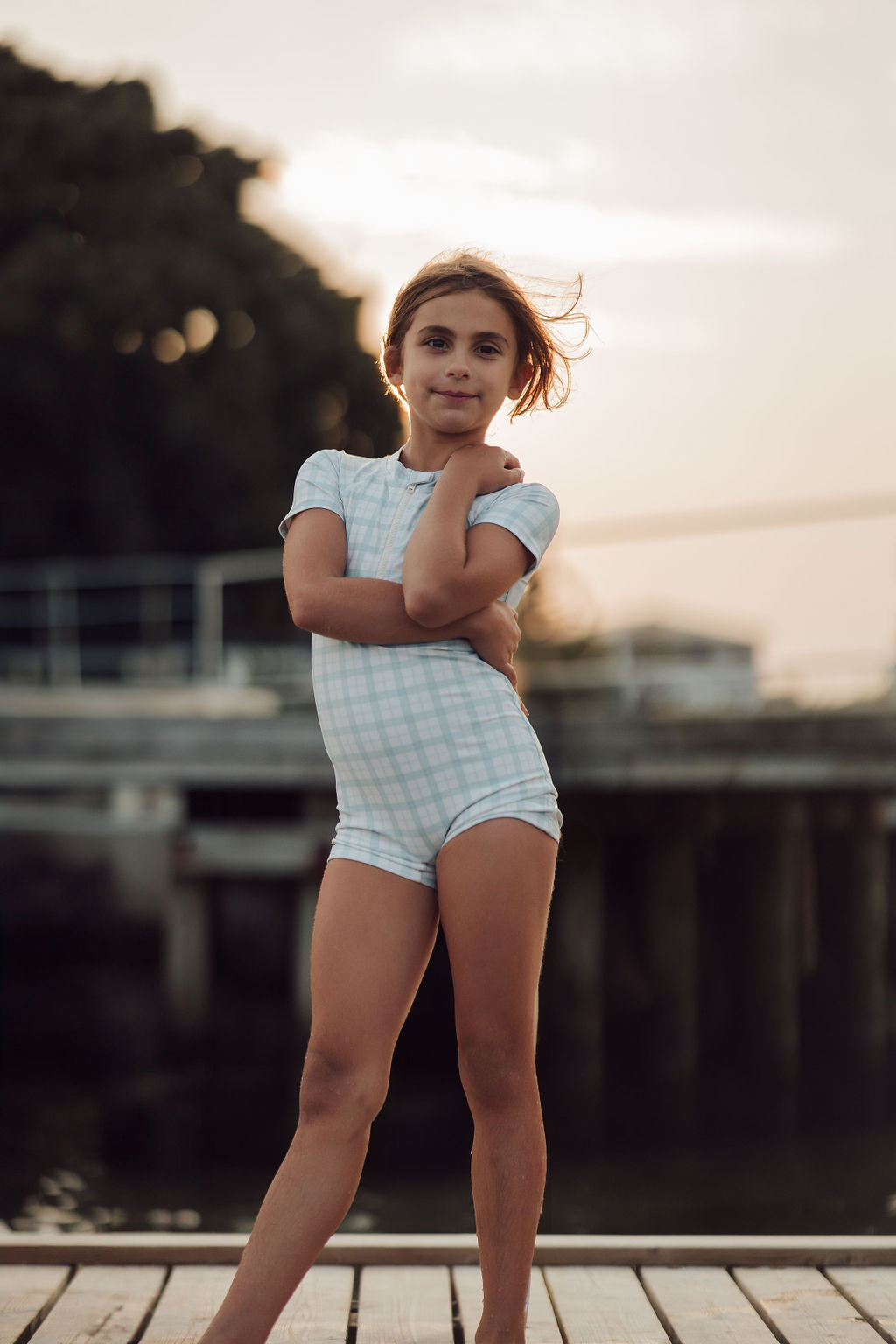 GRECH & CO. Short Sleeve Rashguard Swimsuit | UPF + Recycled - Fern Plaid | Playroom Avenue