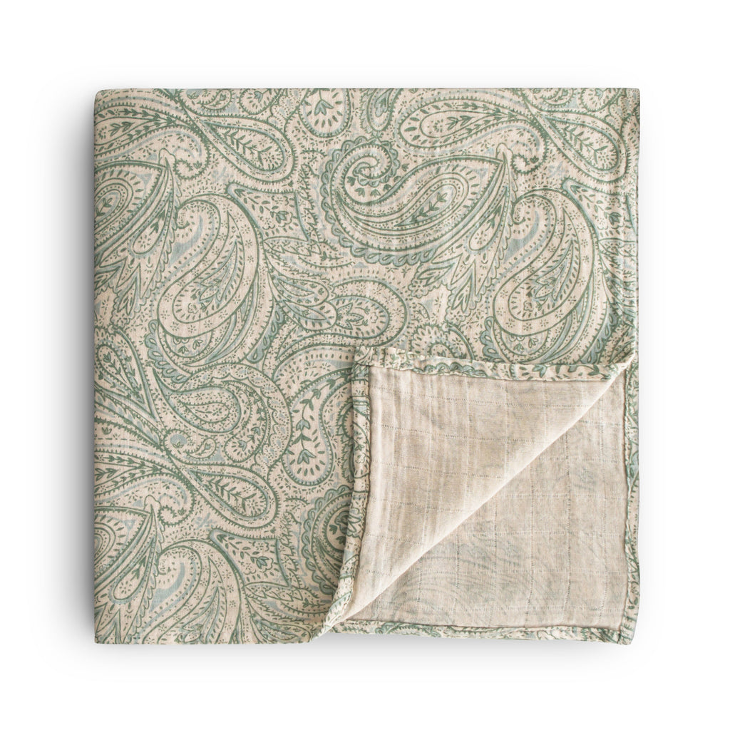 Mushie Organic Cotton Muslin Swaddle Blanket Green Paisley | Playroom Avenue
