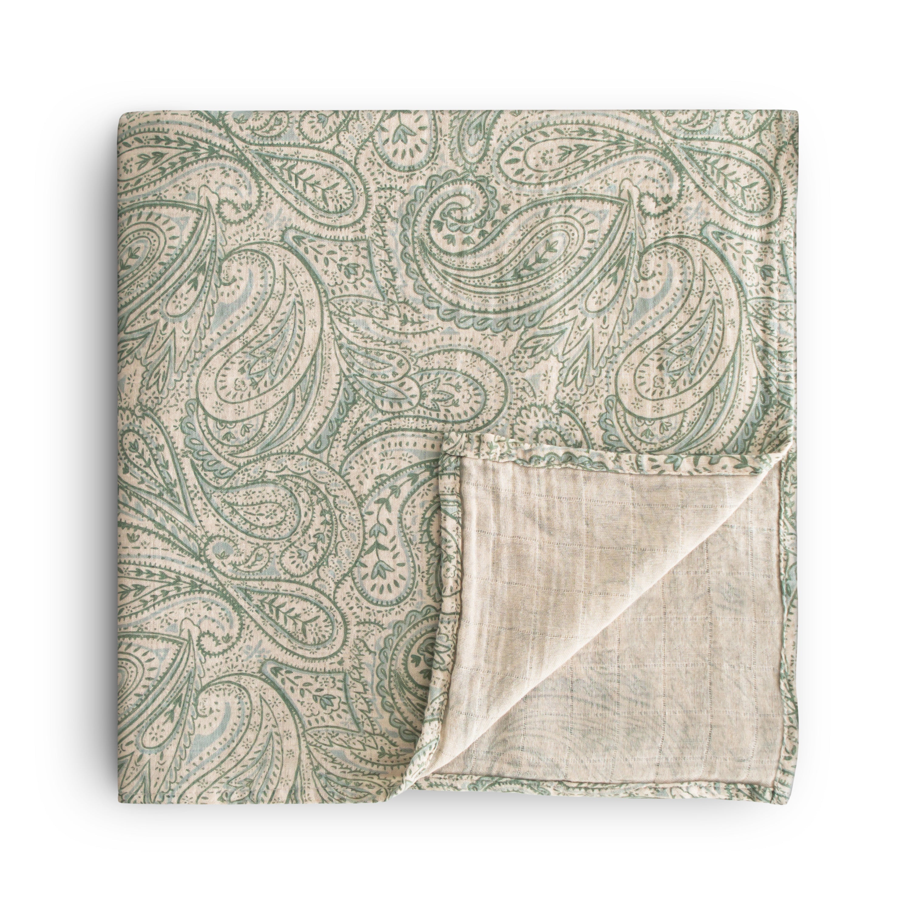 Mushie Organic Cotton Muslin Swaddle Blanket Green Paisley | Playroom Avenue
