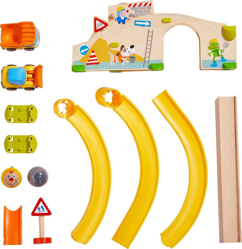 pieces from the HABA Kullerbu Construction Site Track Starter Set - Themed Ball Track | HABA USA