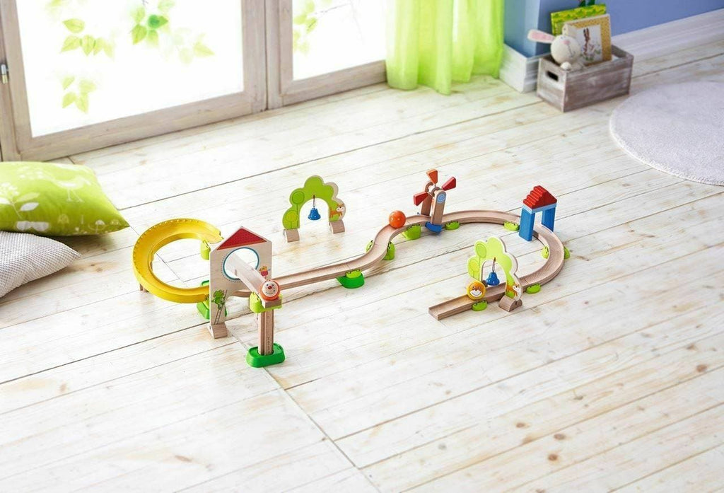 HABA Kullerbu Windmill 25 Piece Starter Track Set - Ball Track System in a playroom