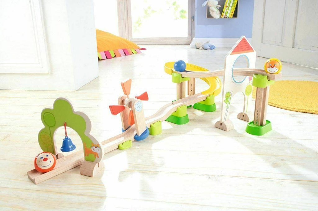 HABA Kullerbu Windmill 25 Piece Starter Track Set - Ball Track System in a playrooom