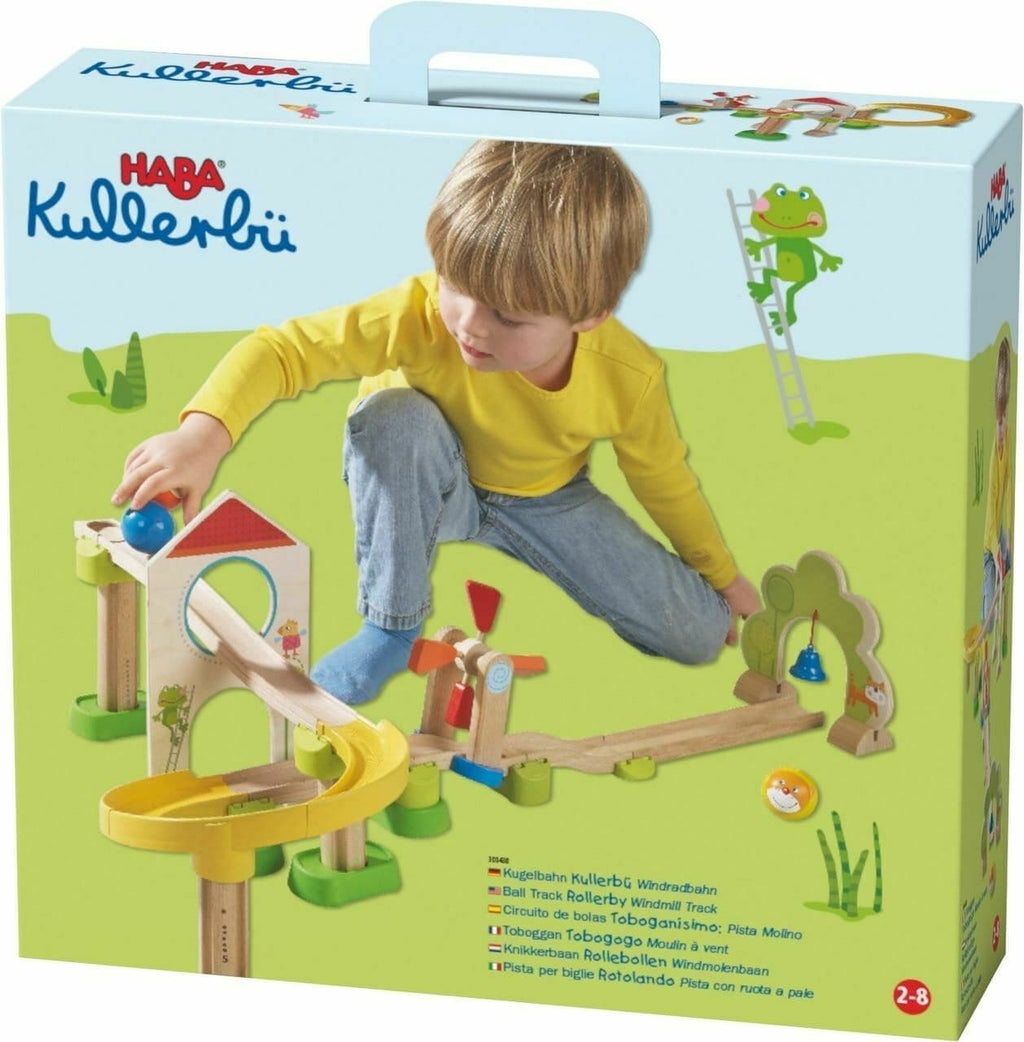 HABA Kullerbü toy set packaging with a child playing on a green field