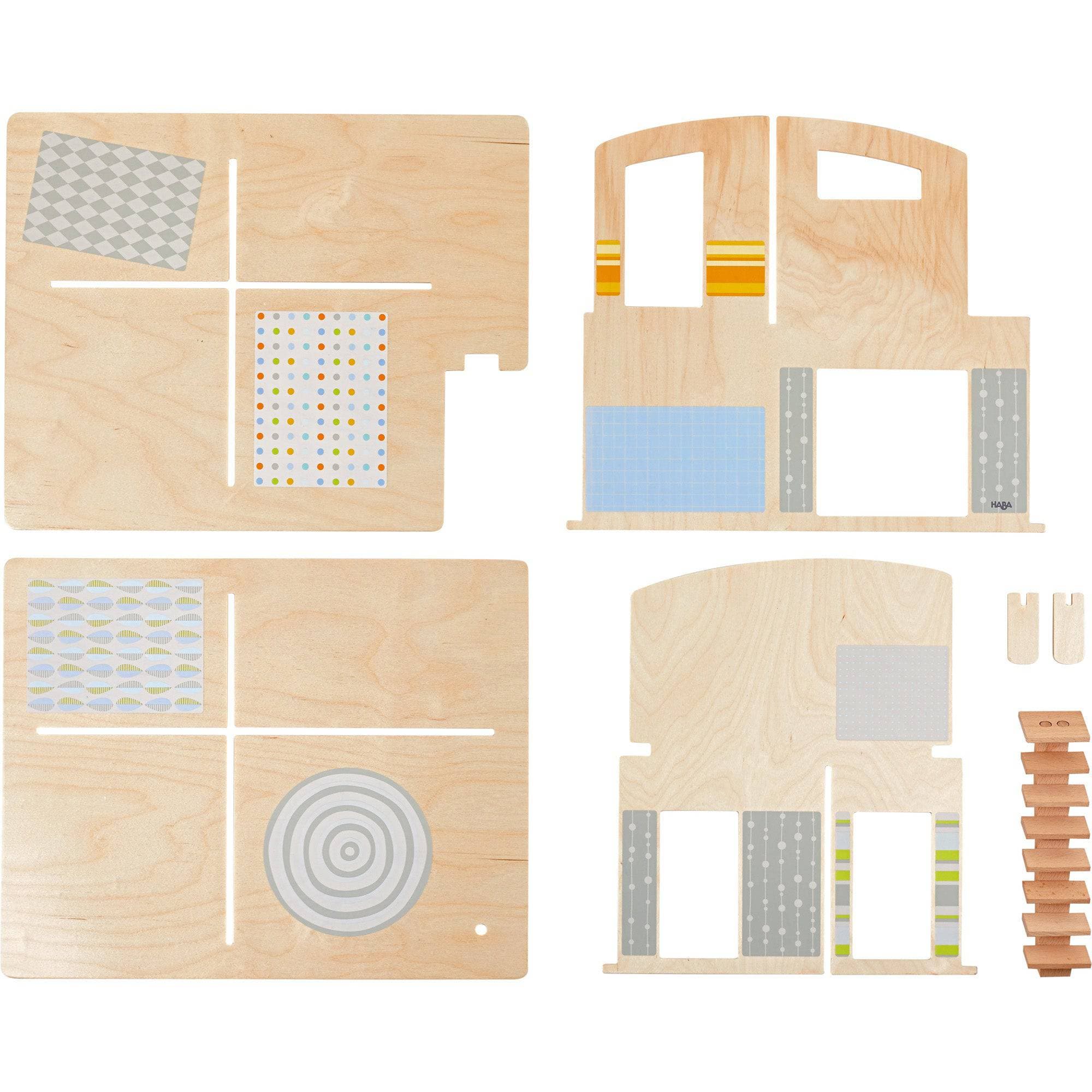 All of the house pieces included in the HABA Little Friends Dollhouse Town Villa with Furniture - Complete Dollhouse | HABA USA