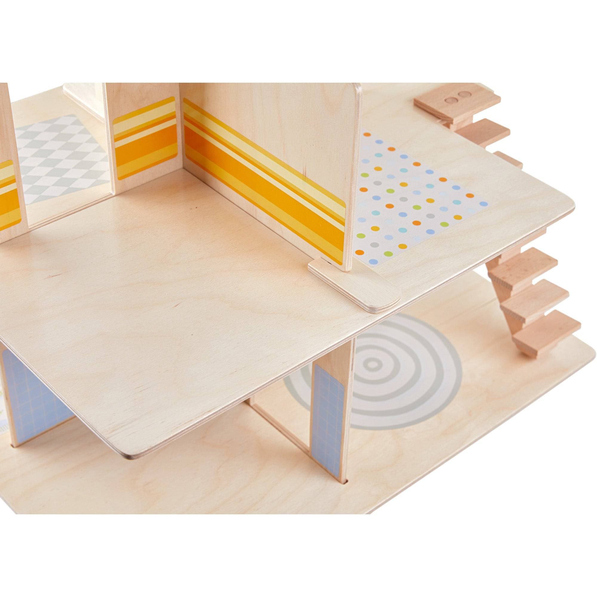 Close up of the HABA Little Friends Dollhouse Town Villa with Furniture - Complete Dollhouse | HABA USA