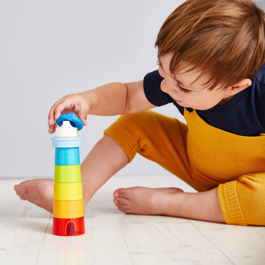 HABA Lighthouse Wooden Rainbow Stacker | Playroom Avenue