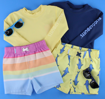 ro•sham•bo eyewear RuggedButts Boys Rainbow Stripe Swim Trunks & Rash Guard with Roshambo Blue Sunglasses | Playroom Avenue
