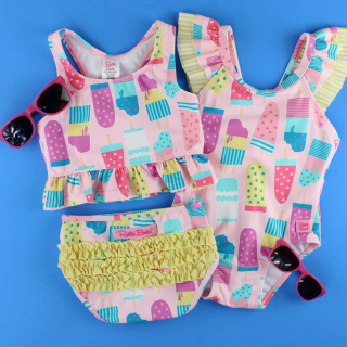 ro•sham•bo eyewear RuffleButts Baby Ice Cream One Piece with Roshambo Pink Glitter Sunglasses | Playroom Avenue