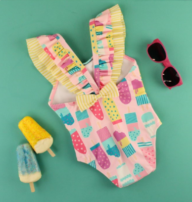 ro•sham•bo eyewear RuffleButts Baby Ice Cream One Piece with Roshambo Pink Glitter Sunglasses | Playroom Avenue