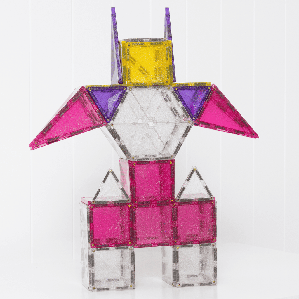 Colorful geometric toy structure on a white background