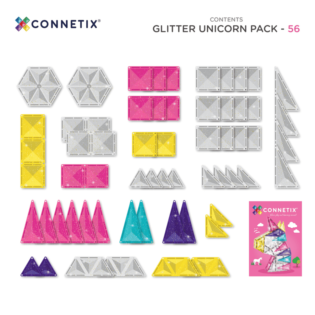 Connetix Glitter Unicorn Pack with various geometric shapes on a white background