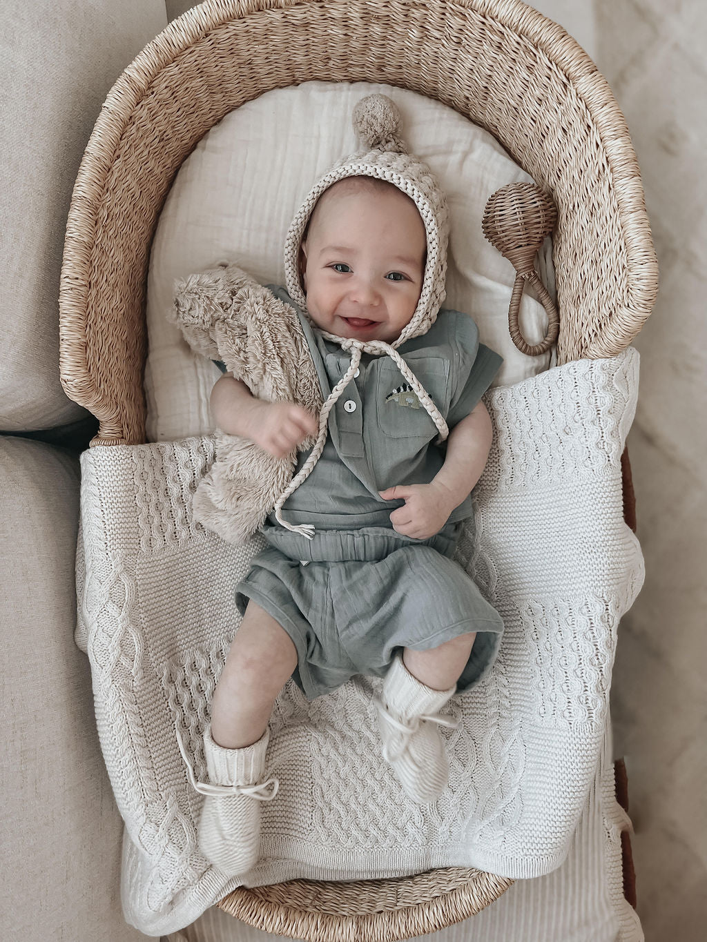 La Petit Lapin Cayden | Organic Muslin Petit Dino Set | Fog | Playroom Avenue