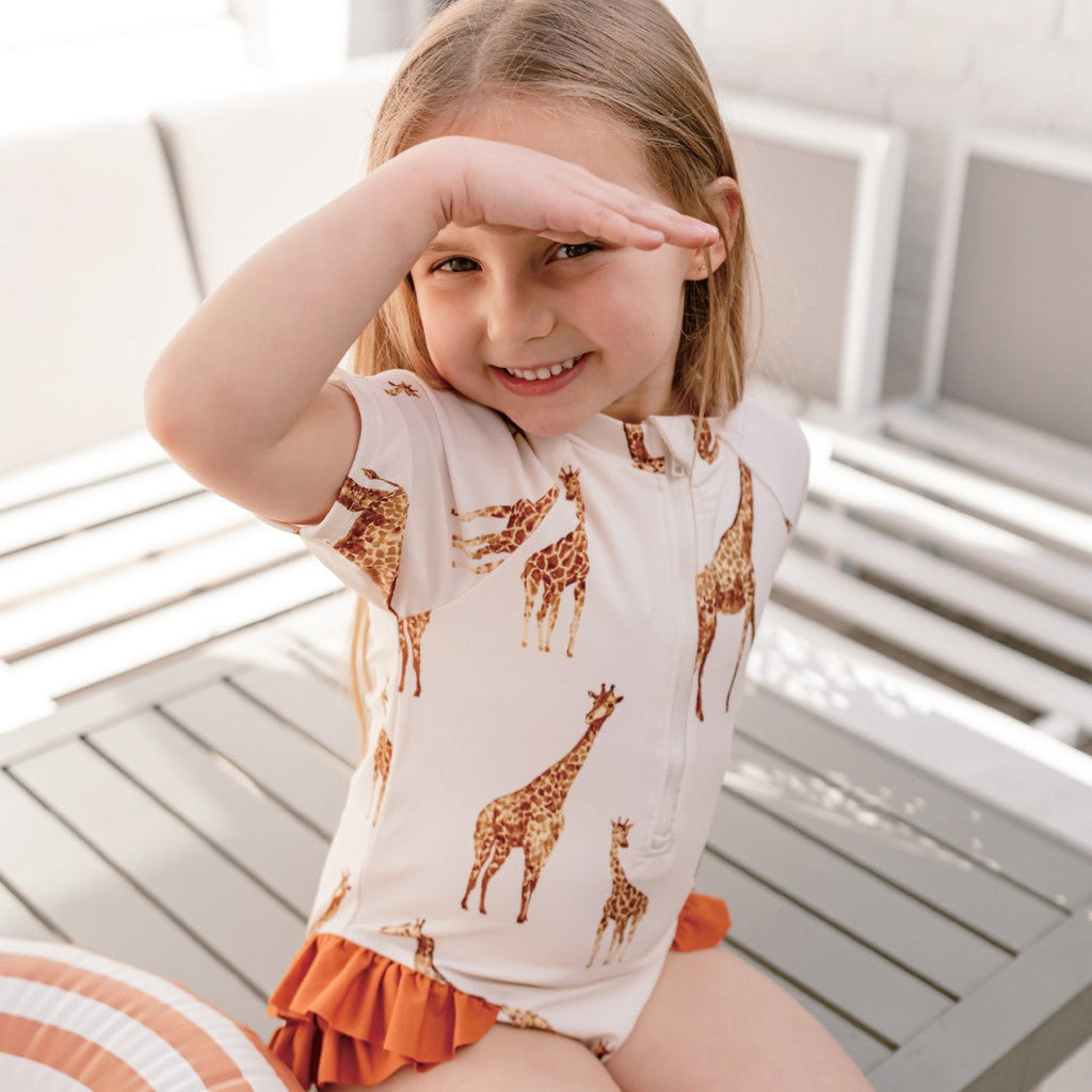 Milkbarn Giraffe Short Sleeve Ruffled One-Piece Swimsuit | Playroom Avenue