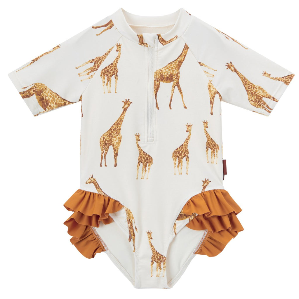 Milkbarn Giraffe Short Sleeve Ruffled One-Piece Swimsuit 3-4T | Playroom Avenue